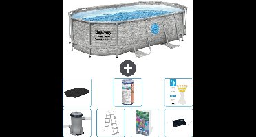 Bestway Ovaal Power Steel Swim Vista Zwembad - Steenprint - 427 x 250 x 100 - Inclusief Pomp - Ladder - Afdekzeil - Filter - Solar Mat - 8-delig