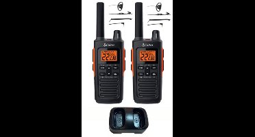 Set van 2 Cobra RX680 PMR446 portofoons IP54 met tafellader en D-shape oortje