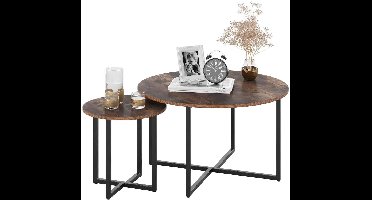 Salontafel - Middelste Tafel - Koffietafel - Woonkamertafel - 2 Stuks - Hout Rond Tafelblad - X-vormig Metaalen Poten - Duurzaam - Stabiel - Ø80 x 45 cm & Ø42 x 40cm - Hout & Zwart