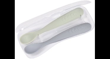 Béaba Lepelset Eerste Leeftijd – Set van 2 + Reisetui – Siliconen – Vanaf 4 Maanden – Ultrazachte Siliconen Lepels - Groen Grijs