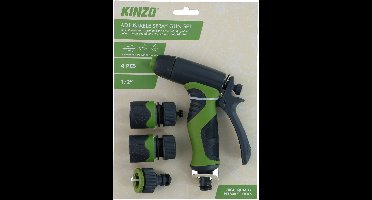 KINZO Verstelbare Sproeipistool Set 4-delig – Adjustable Spray Gun Set – Van Harde Straal tot Fijne Nevel – Inclusief 1/2” Koppelingen & Adapter – Voor Tuinslang – Ideaal voor Tuin Bewateren, Schoonmaak en Auto Wassen – Groen/Zwart