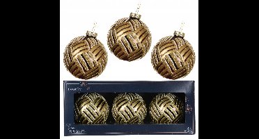 Glazen Kerstballen 8cm Goud met Glitter & Witte Lijnen - Set van 3