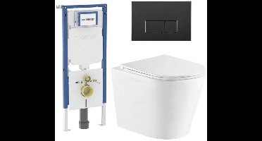 QeramiQ Dely Toiletset - 36.3x51.7cm - diepspoel - rimless - Geberit UP720 inbouwreservoir - softclose toiletzitting - mat zwarte bedieningsplaat - rechtehoekige knoppen - wit mat