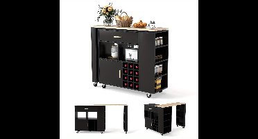 Keukenwagen – Keukeneiland – Serveerwagen – Opbergkast – Bartafel – Mobiel Met Vergrendelbare Wielen – 2-in-1 Draaibaar Werkblad – MDF En Rubberwood Uitvoering – Wit