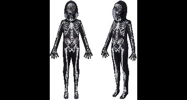 Joya Kids® Verkleedpak Skelet | Halloween Kostuum Kind & Volwassene | Stretch Jumpsuit met Capuchon & Masker | Verkleedkleding Met Sokken & Handschoenen | Maat 140