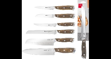 Metaltex Heritage Messenset – 6-delig – Keukenmessen Roestvrij Staal – Houten Handgreep – Chefmes, Santoku & Broodmes
