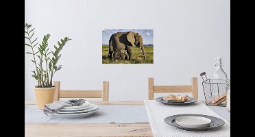 Muurstickers - Sticker Folie - Olifant - Dieren - Grasvlakte - Groen - Grijs - 30x20 cm - Plakfolie - Muurstickers Kinderkamer - Zelfklevend Behang - Zelfklevend behangpapier - Stickerfolie