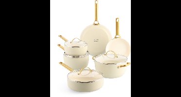 GreenPan Padova Cream Keramische Inductie Pannenset 10-delig - PFAS-vrij - Inductie pannenset - Inductie hapjespan - Inductie koekenpan - Ovenbestendig tot 200°C - Vaatwasserbestendig - RVS handgrepen - Met deksels - Crème