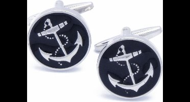 Manchetknopen - Anker Zilver met Zwart Emaille Rond