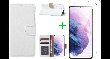 Hoesje Geschikt Voor Samsung Galaxy S21 FE hoesje bookcase Wit Met screenprotector / 2X tempered glass