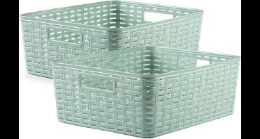 5x stuks rotan gevlochten opbergmand/opbergbox kunststof - Mintgroen - 28 x 36 x 13.5 cm - Kast mandjes
