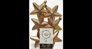 Decoris kersthanger sterren - 6x st - camel bruin - 7 cm - kunststof - kerstornamenten - kerstversiering