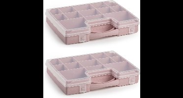 3x stuks opbergkoffertje/opbergdoos/sorteerboxen 13-vaks kunststof oud roze 27 x 20 x 3 cm - Sorteerdoos kleine spulletjes