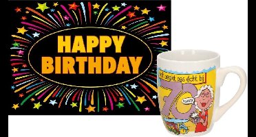 Paperdreams Grappige verjaardag mok/beker 70 jaar vrouw fun tekst 300 ml + wenskaart Happy Birthday