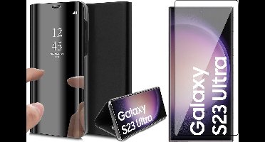 Hoesje geschikt voor Samsung Galaxy S23 Ultra - Screen Protector FullGuard - Book Case Spiegel Zwart & Screenprotector