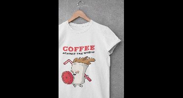 Shirt - Coffee against the world - Wurban Wear | Grappig shirt | Koffie | Unisex tshirt | Koffiezetapparaat | Koffiebonen | Wit