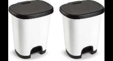 2x plasticforte vuilvisbak pedaalemmer - wit/zwart - 27 liter - 38 x 32 x 45 cm - kunststof - afvalbak - keuken - kantoor - badkamer- toilet