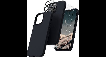 Hoesje Geschikt voor iPhone 14 Plus – Liquid siliconen backcover met 2x glazen screenprotector en camera lens protector – Zwart