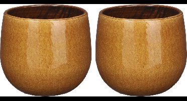 Mica decorations plantenpot/bloempot - 2x - keramiek - okergeel glans/spotted- d16/h14 cm