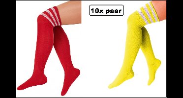 10x Paar Lange sokken rood en geel met strepen - maat 36-41 - Lieskousen - kniekousen sportsokken cheerleader carnaval voetbal hockey unisex festival