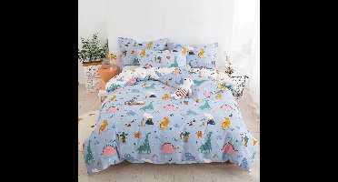 Dino beddengoed 135 x 200 cm cartoon kinderbeddengoed 100% katoen omkeerbaar beddengoed jongensbeddengoed 2-delige set 135 x 200 cm beddengoed met ritssluiting en kussensloop 80 x 80 cm, blauw en