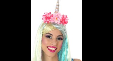 Atosa Verkleed haarband Unicorn/Eenhoorn - roze gekleurd - meisjes/dames - met bloemen