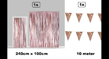 Set Folie gordijn metallic 2,4m x 1m rosegoud + vlaggenlijn rosegoud 10 meter - Huwelijk Decoratie festival themafeest carnaval gala disco glitter and glamour wanddeco