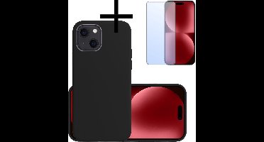 Hoesje - Met Screenprotector - Geschikt voor Apple iPhone 15 Plus - Sterk & Shockproof - Back Cover - Siliconen Case - Telefoon Hoes - Zwart