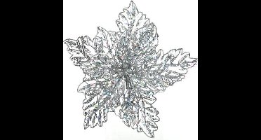 1x Kerstboomversiering op clip zilveren glitter bloem 23 cm - kerstboom decoratie - zilveren kerstversieringen