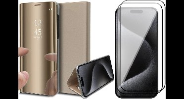 Hoesje geschikt voor iPhone 15 Pro - 2x Screen Protector FullGuard - Book Case Spiegel Goud & Screenprotector