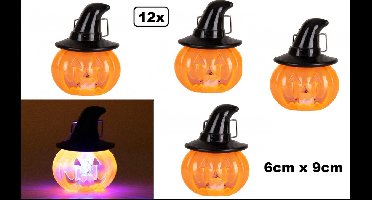 12x Pompoen Halloween lampje 6cm x 9cm - inclusief batterijen - Halloween horror griezel thema feest uitdeel evenement creepy