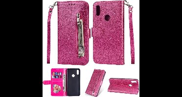 LuxeBass Hoesje geschikt voor Samsung Galaxy A10s Glitter Bookcase hoesje portemonnee met rits - Roze - telefoonhoes - gsm hoes - telefoonhoesjes