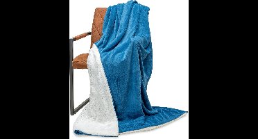 Wicotex - Plaid deken - Fleece Plaid Espoo Blauw - Afmeting 200x240cm met Witte Sherpa binnenkant - Zacht en warme Fleece deken - Plaidfleece
