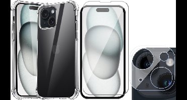 Hoesje geschikt voor iPhone 15 - Screenprotector GlassGuard & Camera Lens Screen Protector - Back Cover Case ShockGuard Transparant