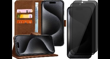 Hoesje geschikt voor iPhone 15 Pro - 2x Privacy Screen Protector FullGuard - Book Case Kunstleer Pasjeshouder Bruin & Screenprotector