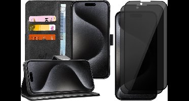 Hoesje geschikt voor iPhone 15 Pro Max - 2x Privacy Screen Protector FullGuard - Book Case Kunstleer Pasjeshouder Zwart & Screenprotector