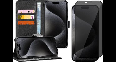Hoesje geschikt voor iPhone 15 Pro Max - Privacy Screen Protector FullGuard - Book Case Kunstleer Pasjeshouder Zwart & Screenprotector