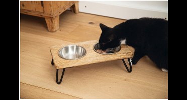Designed by lotte - dubbele voerbak/drinkbak voor katten en kleine hondjes - 2 RVS geborstelde bakjes in mango houten plateau en staal poten - mooi in elk interieur - 2 x 300 ml