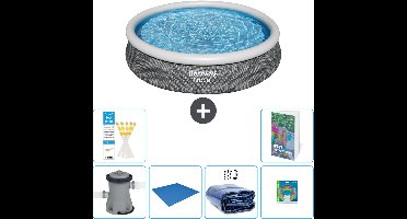 Bestway Rond Opblaasbaar Fast Set Zwembad - Rotanprint - 366 x 76 cm - Inclusief Pomp - Grondzeil - Solarzeil - Speelgoed - 7-delig