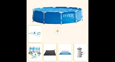 Intex Rond Frame Zwembad - 366 x 76 cm - Blauw - Inclusief Onderhoudspakket - Solar Mat - Grondzeil - Zwembadfilterpomp - Schoonmaakset - 6-delig