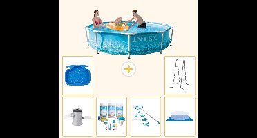 Intex Rond Frame Zwembad - 305 x 76 cm - Waterprint - Inclusief Pomp - Onderhoudspakket - Schoonmaakset - Grondzeil - Voetenbad - Ladder - 7-delig