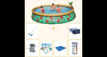 Bestway Rond Opblaasbaar Fast Set Zwembad - Paradijsprint - 457 x 84 cm - Inclusief Pomp - Onderhoudspakket - Grondzeil - Filter - Stofzuiger - Solarzeil - 7-delig