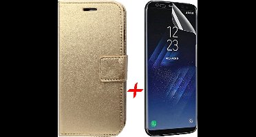 Hoesje geschikt voor Samsung Galaxy S8 Plus / S8+ - Kunstlederen Siliconen TPU Bookcase + Screenprotector PET Glas Folie - Goud - van iCall