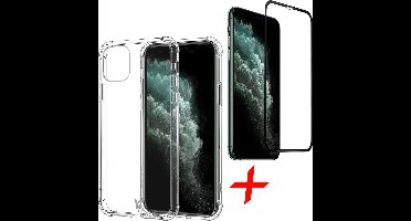 Hoesje geschikt voor iPhone 11 pro - Shock siliconen transparant + Screenprotector glas tempered glass screen protector full screen