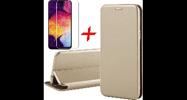 Hoesje geschikt voor Samsung Galaxy A30s - Screen Protector GlassGuard - Book Case Kunstleer ThinShield Goud & Screenprotector