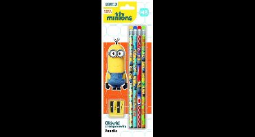 Minions - set 4 potloden met gummetjes en puntenslijper