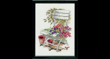 Pako Borduurpakket met tel patroon - Tuinstoel met veldboeket bloemen - 215.365 - voorgesorteerd garen - Aida - 15 x 20cm - DIY kit