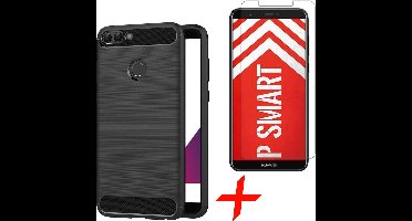 Geborsteld Hoesje geschikt voor Huawei P Smart 2019 - TPU Gel Siliconen Case Zwart + Tempered Glass Screenprotector Transparant - van iCall