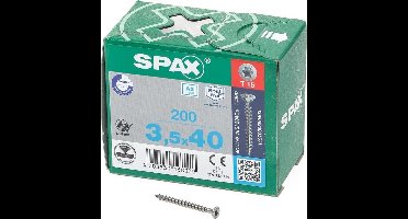 Spax - Spaanplaatschroeven - Torx 15 Platkop - 3,5 x 40mm - Voldraad - RVS (200 stuks)