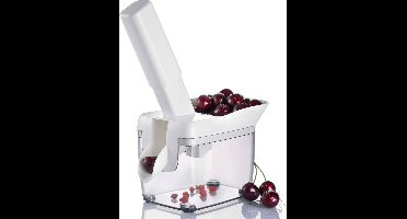 Westmark kersenontstapelaar met trechter, kerndoos en receptenboekje, hoogte: 30 cm, roestvrij staal/kunststof, Kernfix, wit/donkergrijs/transparant, 40352260